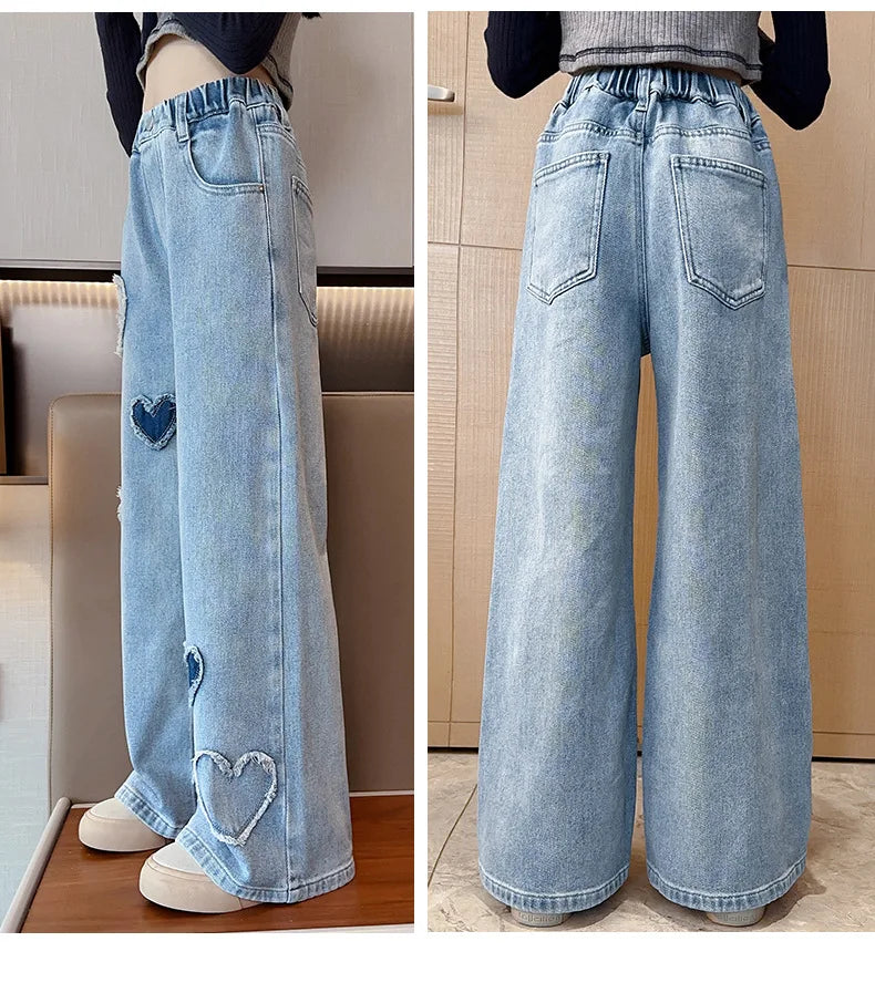 Teenagers Girls Jeans Love Embroidery Children Trousers Autumn Girls Denim Wide Leg Pants 5 6 8 10 12 14 Years New Kids Clothes
