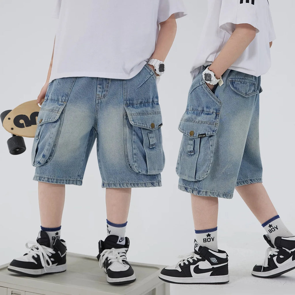 Boys' Workwear Denim Shorts Summer 2026 New Teenage Children's Pocket Design Outdoor Wear Loose Jeans Big Kids Mid-Pants
