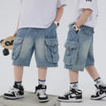 Boys' Workwear Denim Shorts Summer 2026 New Teenage Children's Pocket Design Outdoor Wear Loose Jeans Big Kids Mid-Pants