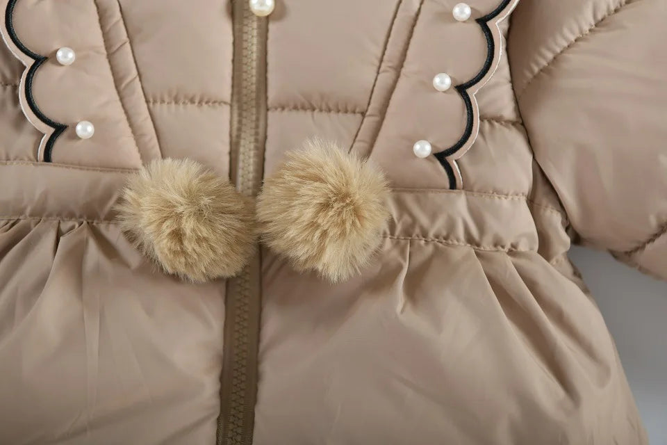 Children Autumn Winter Thick Cotton Coat Kids Girls Warm Pearls Jacket Plush Collar Hooded Windproof Outwear 1 To 6 Years Old