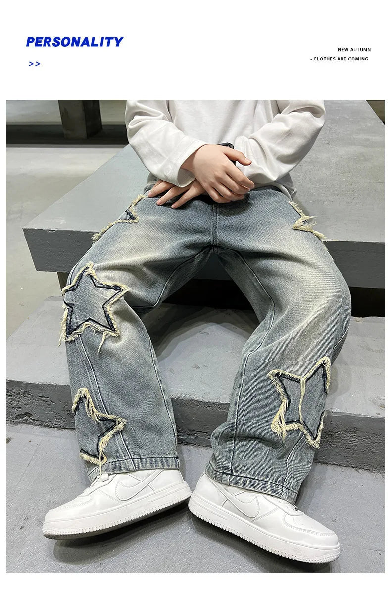 Kids Trousers New Fashion Teenager Boys Denim Wide Leg Pants Child Trousers Spring Autumn Star Splicing Raw Edge Jeans 5-14 Yrs