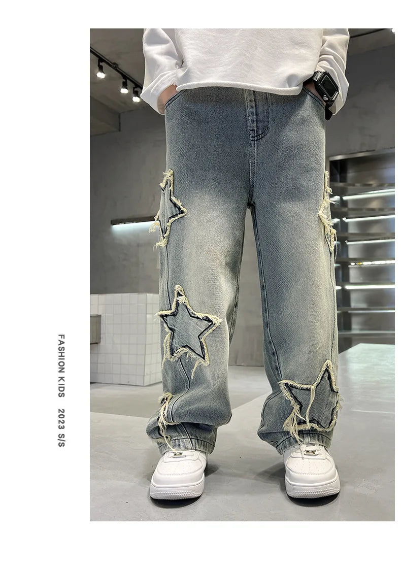 Kids Trousers New Fashion Teenager Boys Denim Wide Leg Pants Child Trousers Spring Autumn Star Splicing Raw Edge Jeans 5-14 Yrs