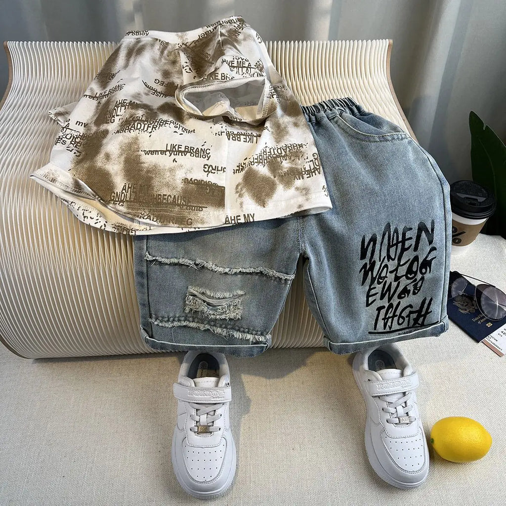 Kids Handsome Summer Clothing Denim Suit for Boy Casual T-shirt & Short Jeans 2Pcs Set Children's Top and Bottom Clothes Set