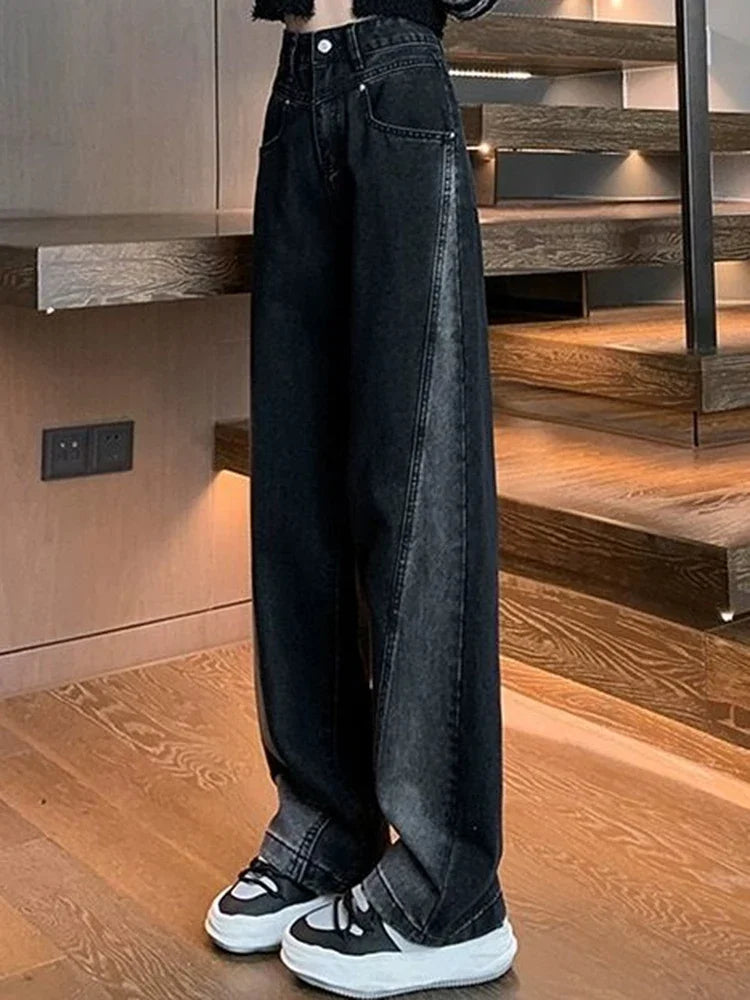 Woman High Waist Jeans Lady American High Street Patchwork Straight Leg Pants Girls Black Gray Contrast Color Wide Leg Trousers