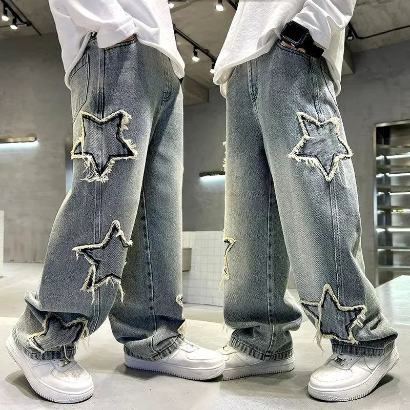 Kids Trousers New Fashion Teenager Boys Denim Wide Leg Pants Child Trousers Spring Autumn Star Splicing Raw Edge Jeans 5-14 Yrs