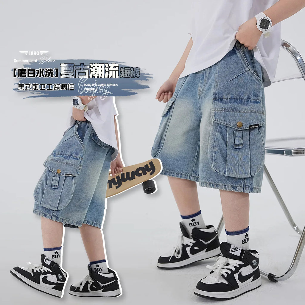 Boys' Workwear Denim Shorts Summer 2026 New Teenage Children's Pocket Design Outdoor Wear Loose Jeans Big Kids Mid-Pants