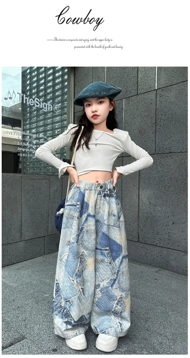 Spring Autumn Teenager Girls Denim Wide Leg Pants Children Trousers New Fashion Tie Dye Design Girls Jeans 5-14 Yrs Kids Clothes