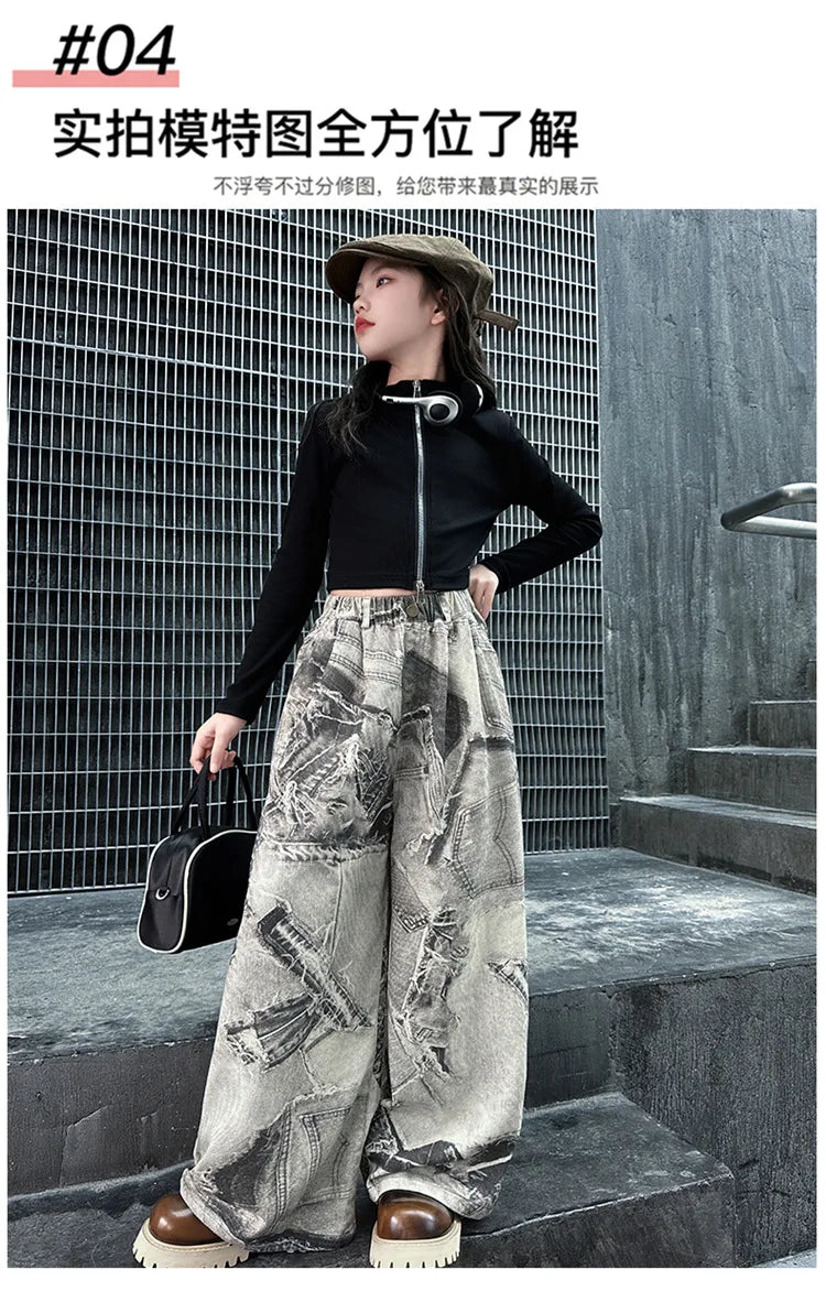 Spring Autumn Teenager Girls Denim Wide Leg Pants Children Trousers New Fashion Tie Dye Design Girls Jeans 5-14 Yrs Kids Clothes