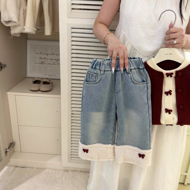 Baby Girl Red Bow Sweater Love Fleece Padded Jeans