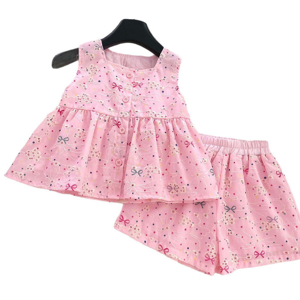 Girls Bow-Knot Embroidered Sleeveless Top And Shorts Two-Piece Set With Free Hat